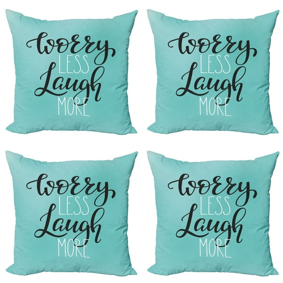 Ambesonne Saying Throw Pillow Cover 4 Pack, Laugh More Worry Less Text, 20", Pale Blue Charcoal Grey