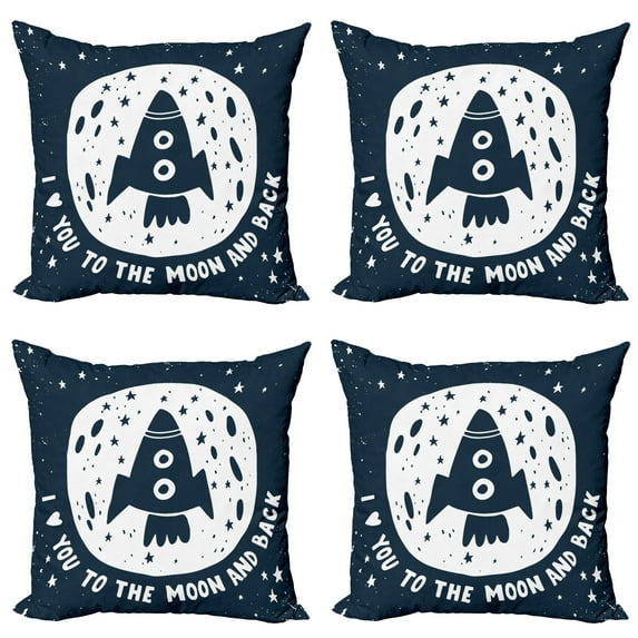 Ambesonne Saying Throw Pillow Cover 4 Pack, Spaceship and Love Saying, 20", Dark Blue and White
