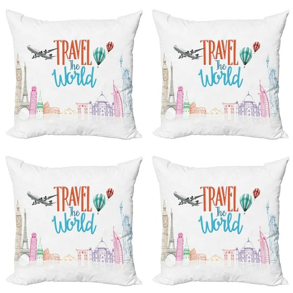 Ambesonne Saying Throw Pillow Cover 4 Pack, Travel World Lettering, 24", Multicolor