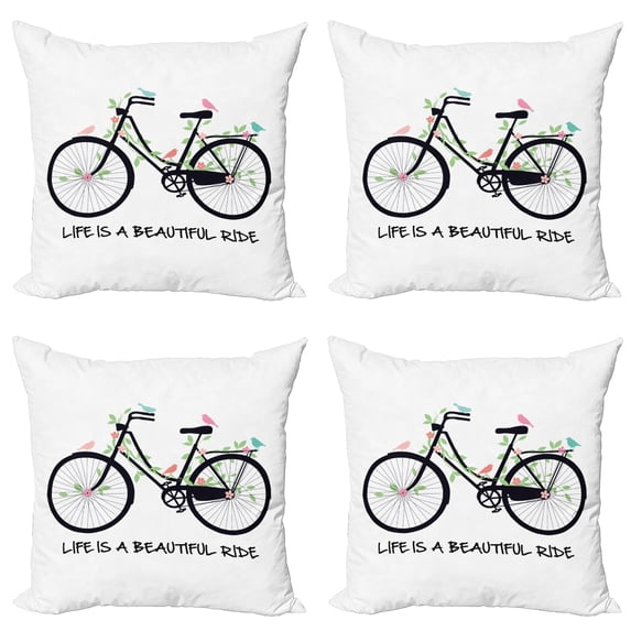 Ambesonne Saying Throw Pillow Cover 4 Pack, Vintage Bike Flowers Birds, 24", Multicolor