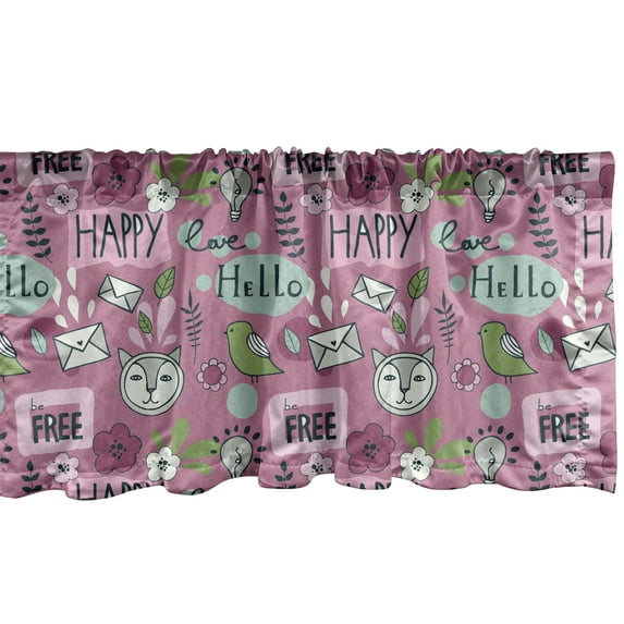 Ambesonne Saying Window Valance, Hello Free Happy Love Typography with Flowers Leaves and Happy Themed Shapes, Curtain Valance for Kitchen Bedroom Decor with Rod Pocket, 54" X 12", Multicolor