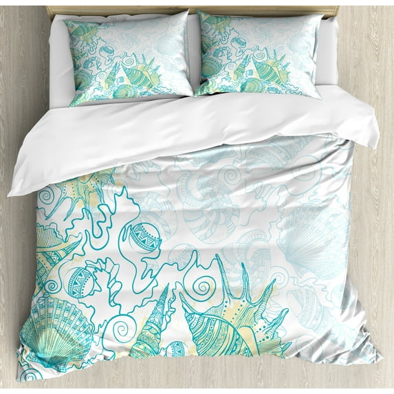 Ambesonne Scallop Duvet Cover Sets, Repetitive Hand Drawn Shell, 2-Queen, Pale Yellow Sea Blue