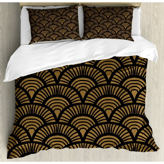 Ambesonne Scallop Duvet Cover Sets, Retro Art Deco Seashells, 2-King, Caramel Charcoal Grey