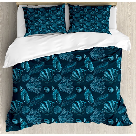 Ambesonne Scallop Duvet Cover Sets, Underwater Sea Shells Art, 2-King, Petrol Blue