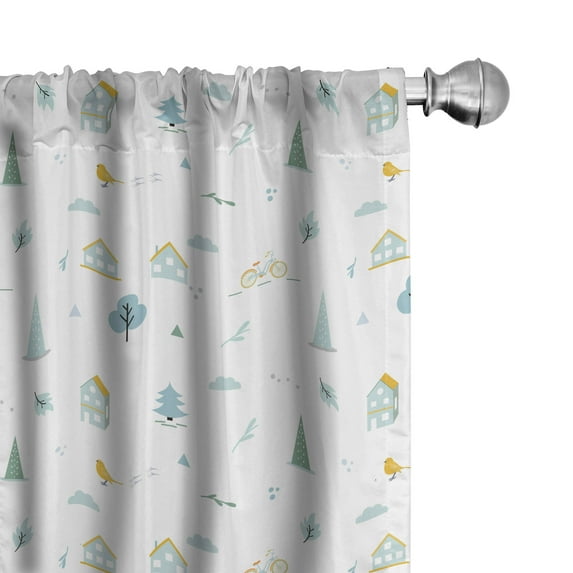 Ambesonne Scandinavian Window Curtains, Apartment Bicycle Tree, Each 28" W x 63" L, Pale Blue Yellow Green