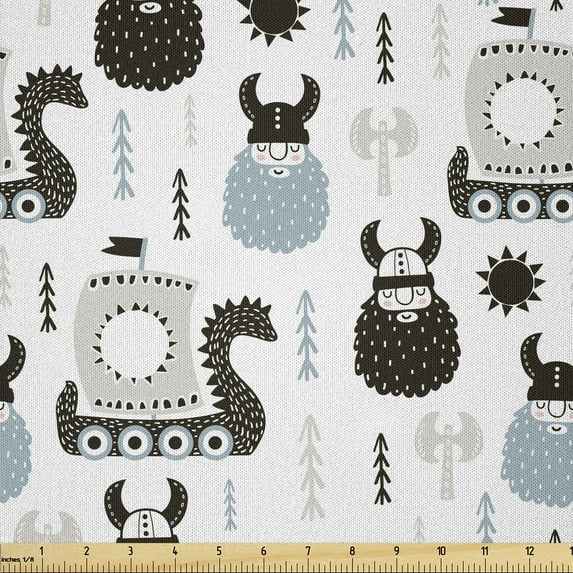Ambesonne Scandinavian Fabric by the Yard Microfiber, Longboats Viking Folk, 5 Yards, Black Pale Blue Grey