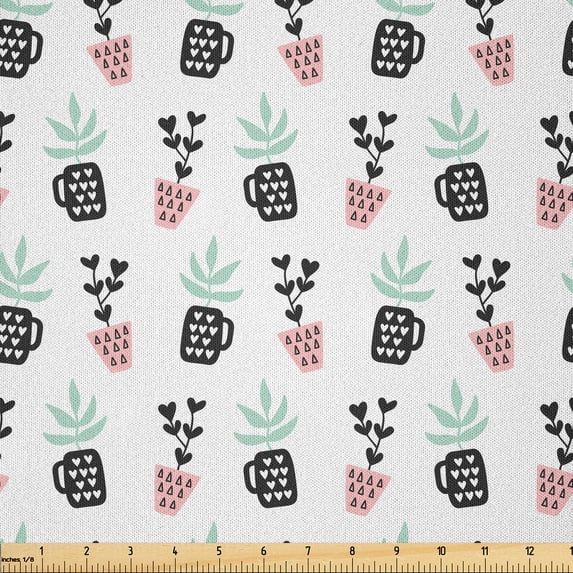 Ambesonne Scandinavian Fabric by the Yard Microfiber, Minimal Foliage Pots, 10 Yards, Dark Grey Mint Green Rose