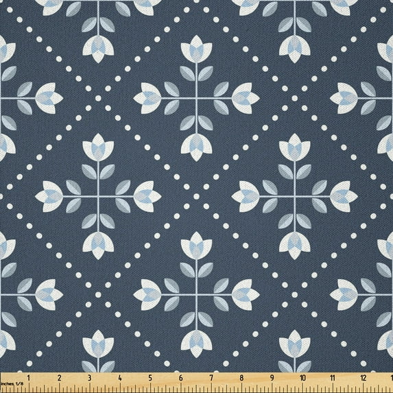 Ambesonne Scandinavian Fabric by the Yard Microfiber, Vintage Style Tulips, 1 Yard, Blue Grey and Pale Blue