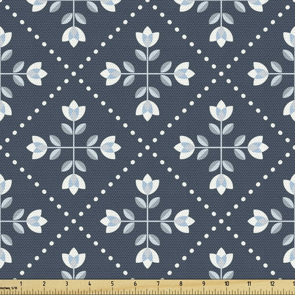 Ambesonne Scandinavian Fabric by the Yard Upholstery, Vintage Style Tulips, 3 Yards, Blue Grey and Pale Blue