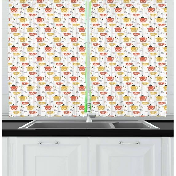 Ambesonne Scandinavian Kitchen Curtains, Tea Party Pots Mugs, 55"x45", Earth Yellow Vermilion