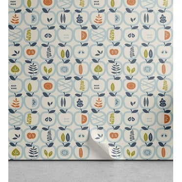Ambesonne Scandinavian Peel & Stick Wallpaper for Home, Apples Leaves Pattern, 13"x100", Pale Blue Orange Green