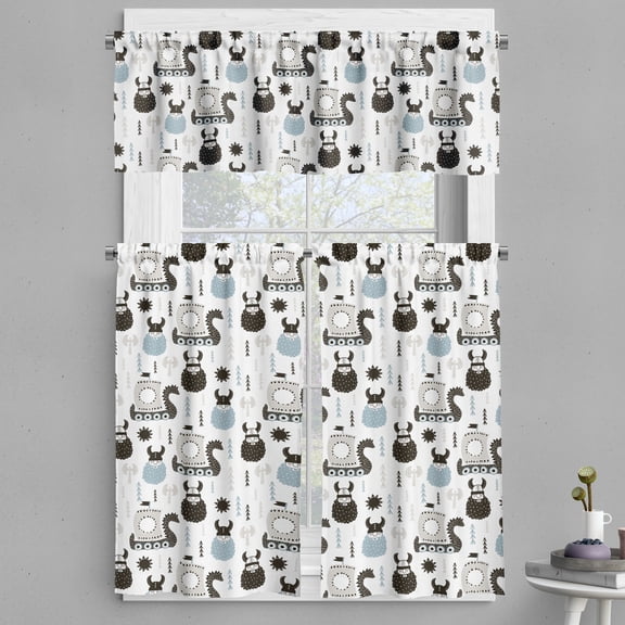 Ambesonne Scandinavian Valance & Curtain, Longboats Viking Folk, 55"x24", Black Pale Blue Grey