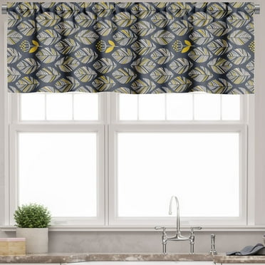 Ambesonne Scandinavian Window Valance, Leaves with Flowers, 54" X 18", Night Blue and Yellow