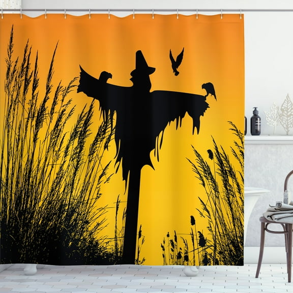 Ambesonne Scarecrow Shower Curtain, Rural Silhouettes, 69"Wx75"L, Marigold Earth Yellow
