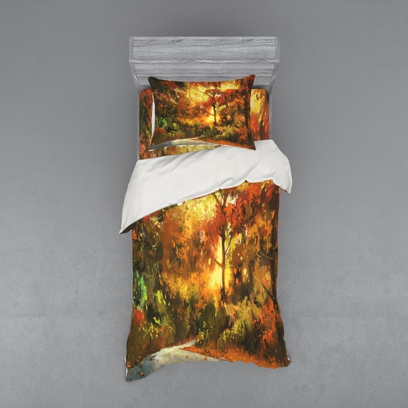 Ambesonne Scenery Bedding Set 3 Pcs, Autmn Leaf Tree Forest, Twin XL, Orange Yellow
