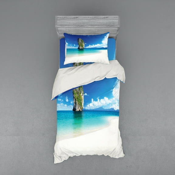 Ambesonne Scenery Bedding Set 3 Pcs, Exotic Coastline, Twin, Blue White Cream