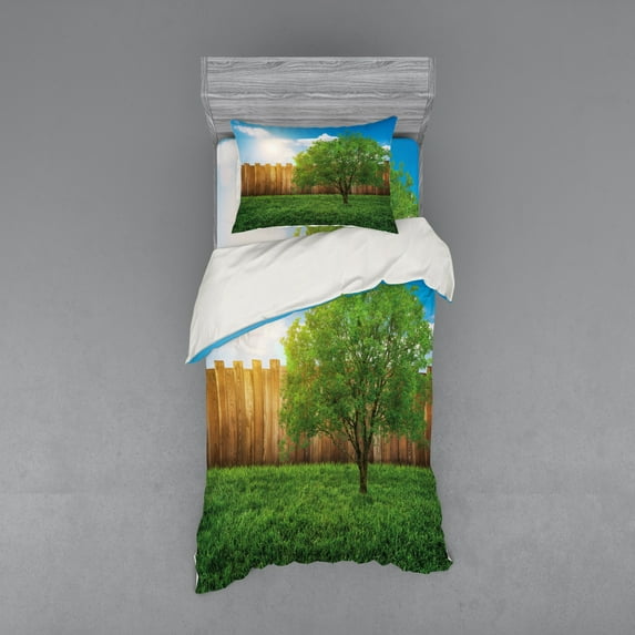 Ambesonne Scenery Bedding Set 3 Pcs, Life Tree Yard Field, Twin, Green Blue