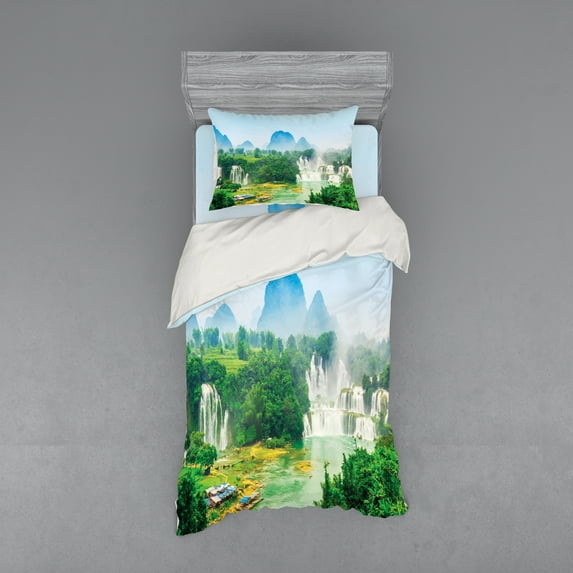 Ambesonne Scenery Bedding Set 3 Pcs, Misty Jungle Forest, Twin XL, Fern Green Multicolor