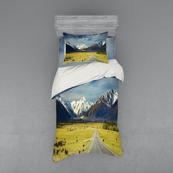Ambesonne Scenery Bedding Set 3 Pcs, Snowy Mountains Alps, Twin XL, Navy Blue White Olive