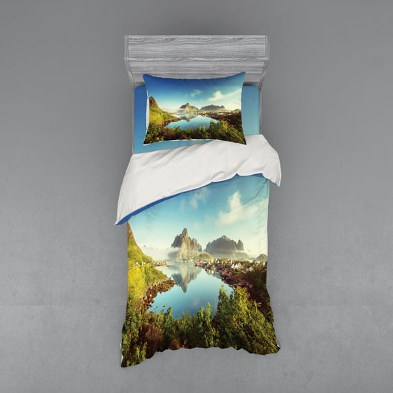 Ambesonne Scenery Bedding Set 3 Pcs, Sunny Fall Day Image, Twin XL, Green Blue