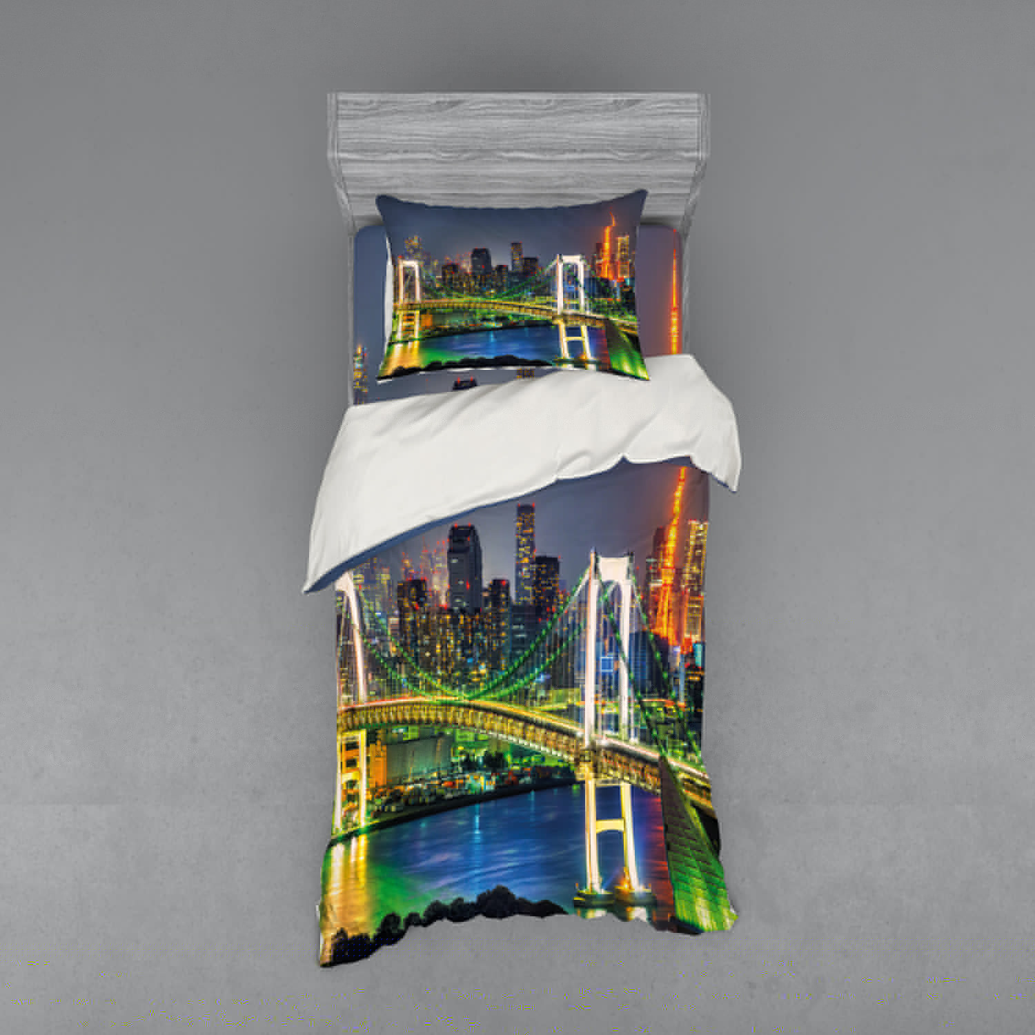 Ambesonne Scenery Bedding Set 3 Pcs, Tokyo Skyline Japanese, Twin, Green Navy
