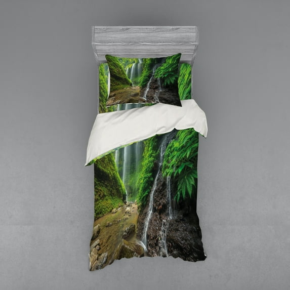 Ambesonne Scenery Bedding Set 3 Pcs, Waterfall Forest, Twin XL, Green and Brown