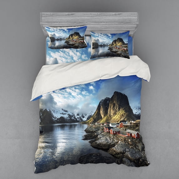Ambesonne Scenery Bedding Set 4 Pcs, Autumn Rocks and Clouds, Queen, Blue Grey White