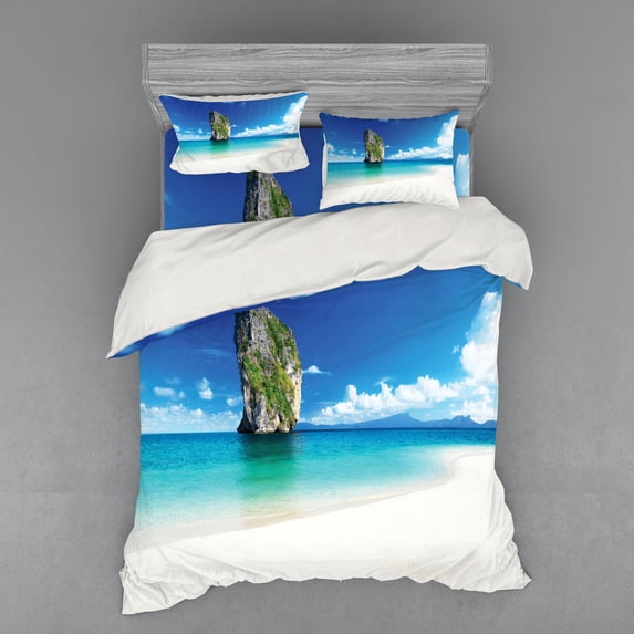 Ambesonne Scenery Bedding Set 4 Pcs, Exotic Coastline, Queen, Blue White Cream