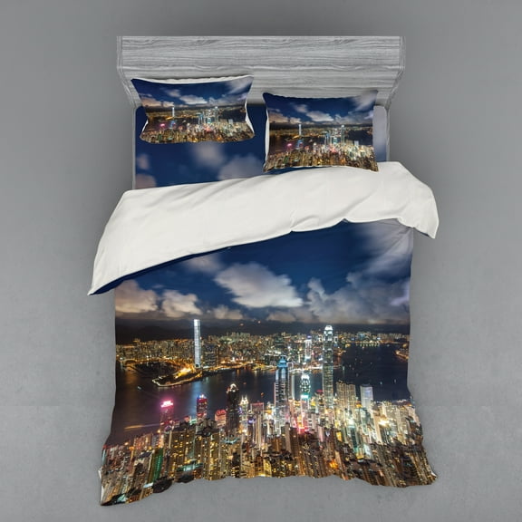 Ambesonne Scenery Bedding Set 4 Pcs, Night View Hong Kong, Queen, Navy White