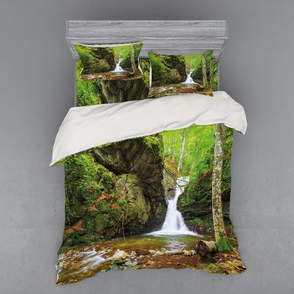 Ambesonne Scenery Bedding Set 4 Pcs, Spring Waterfall Nature, Queen, Green and White
