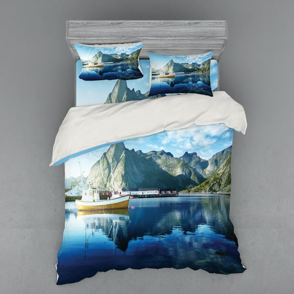 Ambesonne Scenery Bedding Set 4 Pcs, Sunset Lake by Harbor, Queen, Blue