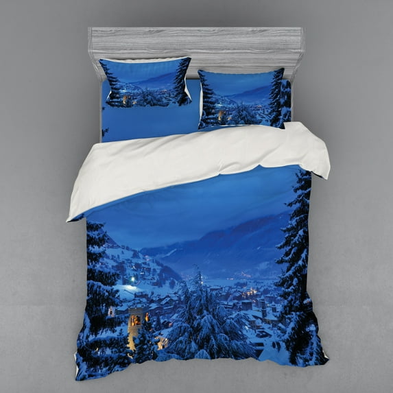 Ambesonne Scenery Bedding Set 4 Pcs, Winter Forest Trees, Queen, Blue