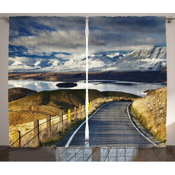 Ambesonne Scenery Curtains 2 Panel Set, River Snowy Mountain, 108" x 84", White Blue Yellow