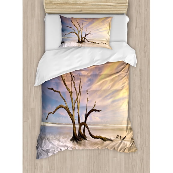 Ambesonne Scenery Duvet Cover Set, Dead Tree Sun Driftwood, Twin, Beige and Orange