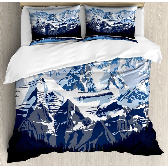 Ambesonne Scenery Duvet Cover Set, Mountain with Snow View, Queen, Blue Grey Dark Blue