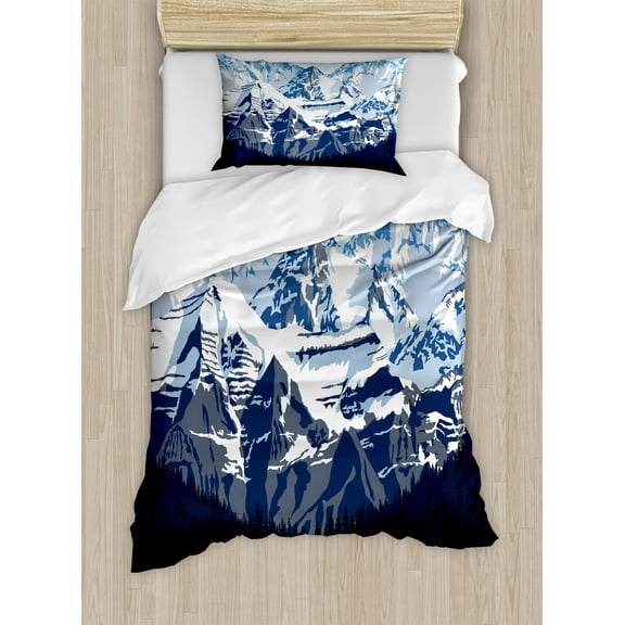 Ambesonne Scenery Duvet Cover Set, Mountain with Snow View, Twin, Blue Grey Dark Blue