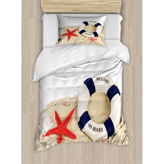 Ambesonne Scenery Duvet Cover Set, Shells Starfishes Sea, Twin, Navy Blue Eggshell Red