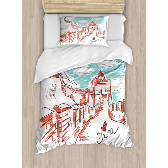 Ambesonne Scenery Duvet Cover Set, Sketch Chinese, Twin, Aqua Ruby