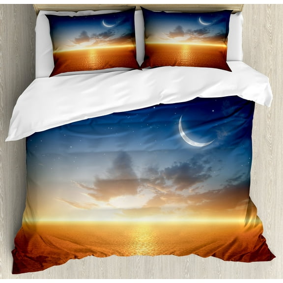 Ambesonne Scenery Duvet Cover Set, Sunset Sky Moon Stars, Queen, Navy Yellow Orange