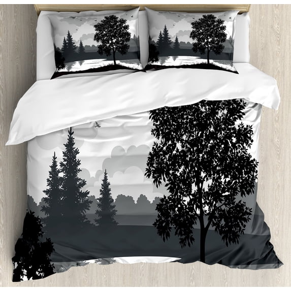 Ambesonne Scenery Duvet Cover Set, Trees Birds Cloudy Sky, Queen, Black and Grey