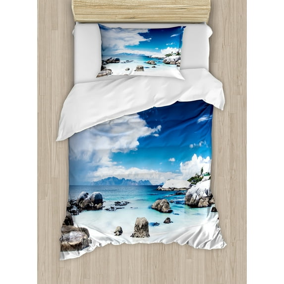Ambesonne Scenery Duvet Cover Sets, Digital Rocks and Ocean, 2-Twin, White Blue and Grey