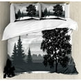 thumbnail image 1 of Ambesonne Scenery Duvet Cover Sets, Trees Birds Cloudy Sky, 2-Queen, Black and Grey, 1 of 6