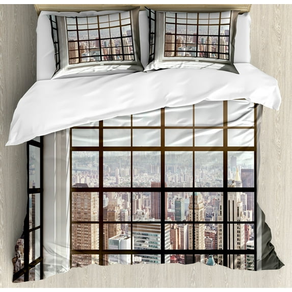 Ambesonne Scenery Duvet Cover Sets, Urban Modern City View, 2-Queen, Pale Brown White