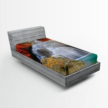 Ambesonne Scenery Fitted Sheet, Autumn Leaves on Lake, Twin XL Size, Blue White and Orange