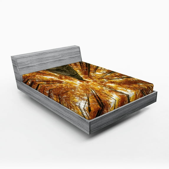 Ambesonne Scenery Fitted Sheet, Canadian Maple Idyllic, Queen Size, Orange Brown