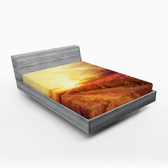 Ambesonne Scenery Fitted Sheet, Cosmos Flower Field, Full Size, Orange and Yellow