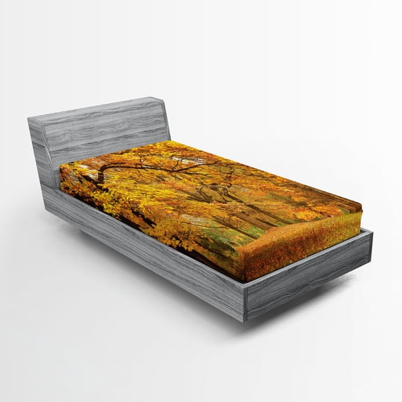 Ambesonne Scenery Fitted Sheet, Fall Pale Maple Trees, Twin Size, Orange Brown