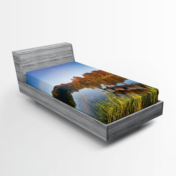 Ambesonne Scenery Fitted Sheet, Fishing on a Lake View, Twin XL Size, Multicolor