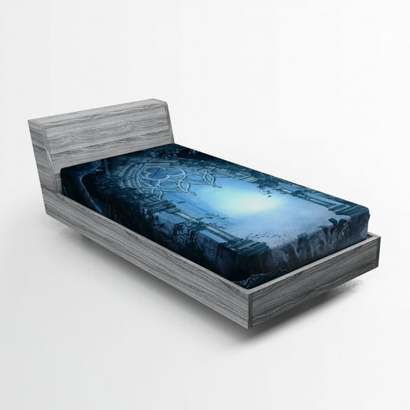 Ambesonne Scenery Fitted Sheet, Foggy Palace, Twin XL Size, Navy Blue and Grey