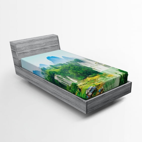 Ambesonne Scenery Fitted Sheet, Misty Jungle Forest, Twin Size, Fern Green Multicolor